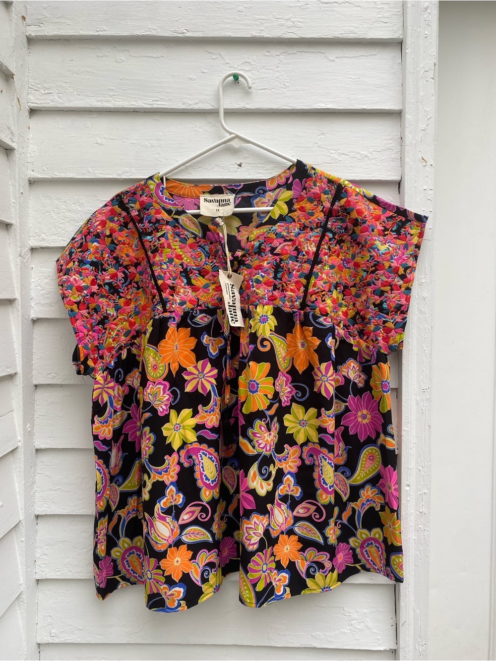 NWT Savanna Jane Black Boho Floral Blouse with Pink & Orange Embroidered